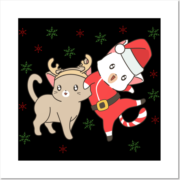 Kawaii Christmas Santa Cat And Reindeer Cat Wall Art by Sugoi Otaku Gifts